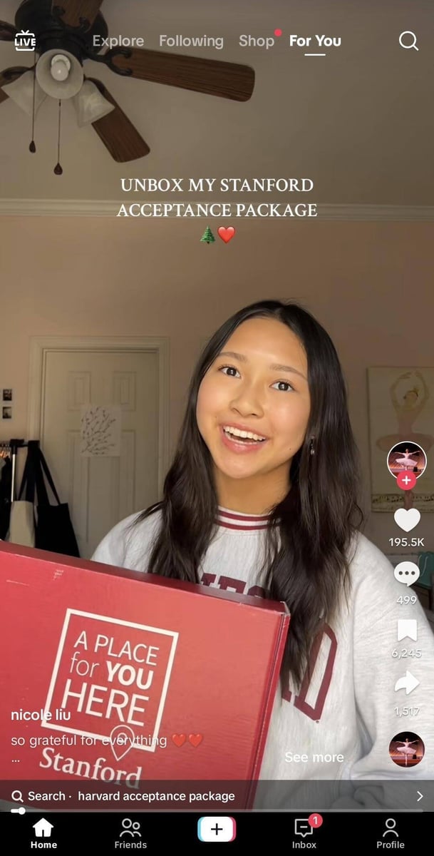 @nicoleliuu's TikTok unboxing her Stanford Acceptance Package